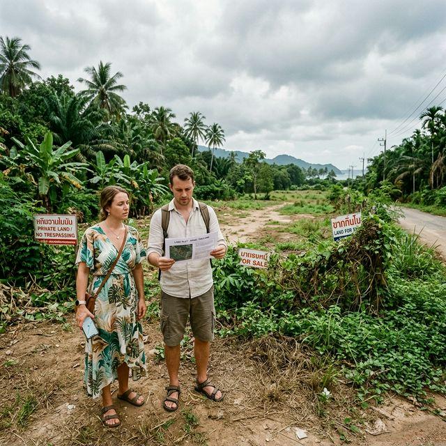 Western couple navigating an empty tropical land plot in the Philippines