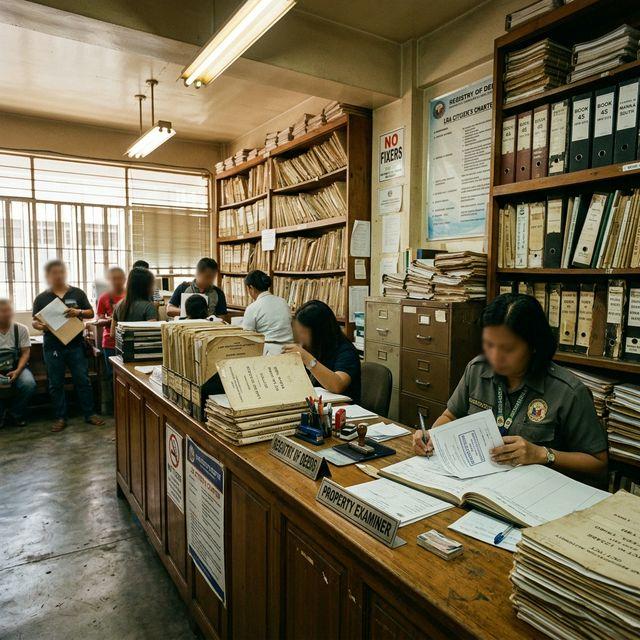 Philippine Registry of Deeds office with title records and property examiners